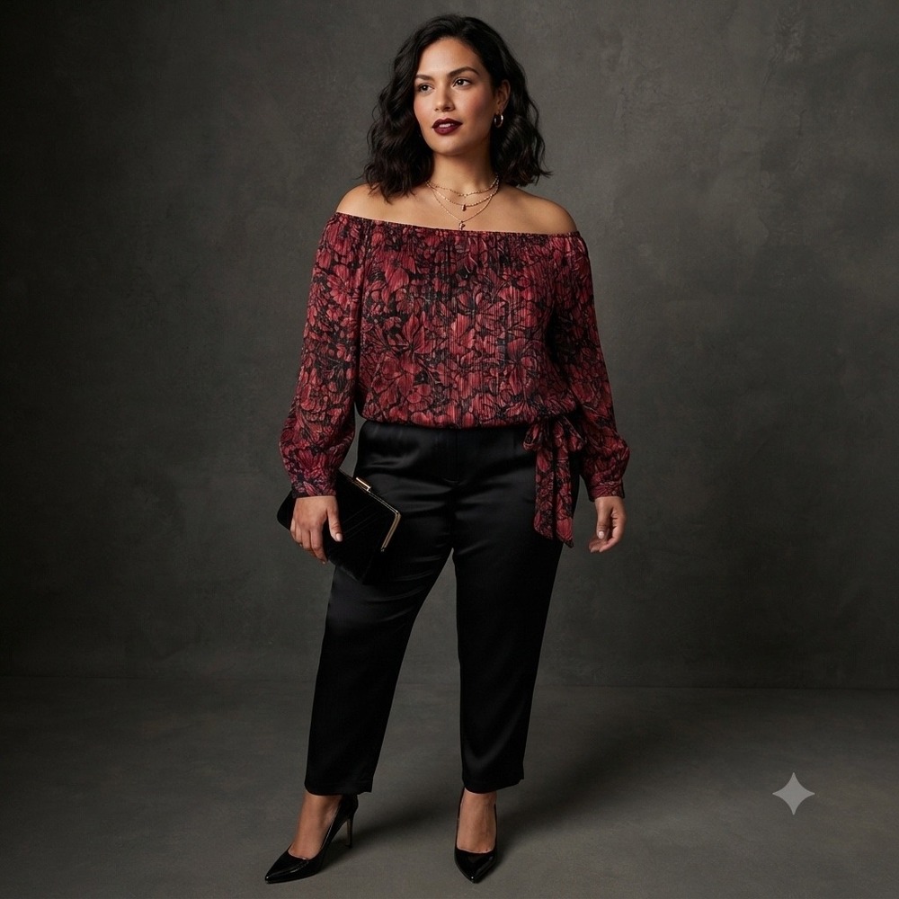 CeCe Floral Off-the-Shoulder Blouse Womens Large Red Black Metallic Holiday Boho
